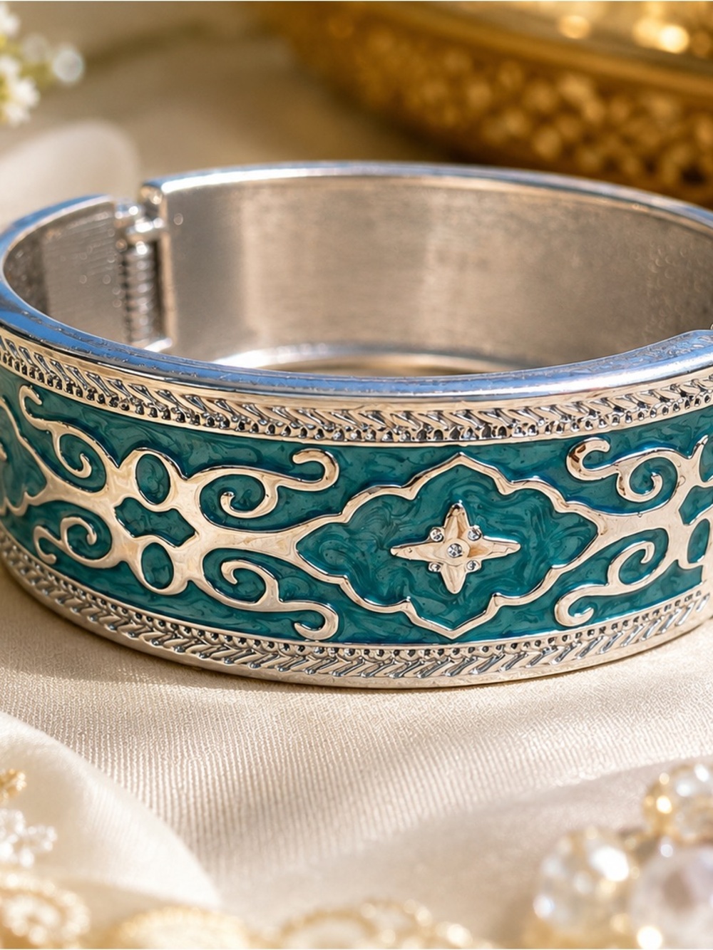 Teal Enamel Silver-Tone Filigree Hinged Bangle